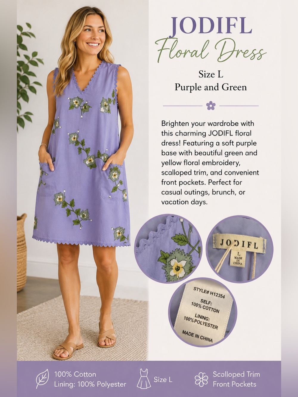 Jodifl Floral Dress, Size L, Purple and Green